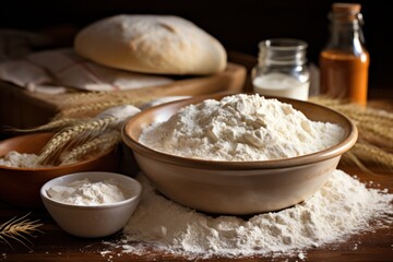 Fototapeta na wymiar Bowl of flour and wheat on wooden table. Selective focus