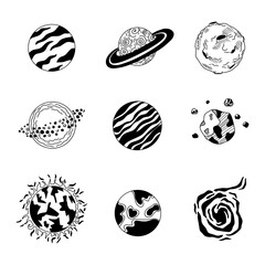 Set solar system planets in universe outer space, vector icons. Solar system planets Sun, Saturn and Moon, Earth and Mars