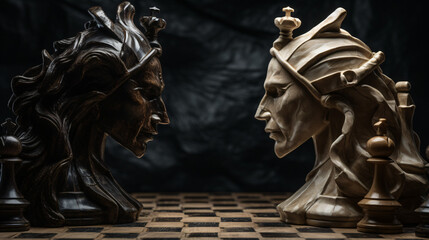 2 chess pieces facing each other dramatic scene