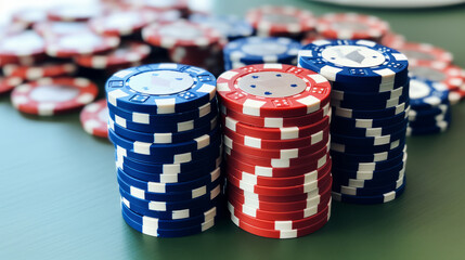 Poker chips on a table, close up view