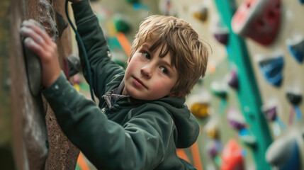 Fototapeta premium athletic boy in sportswear climbs a climbing wall with belay, sports ground, training, climber, rock relief, healthy lifestyle, active recreation, hobby, energetic person, muscles, height, agility