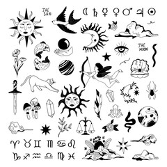 Set of moon, sun, stars, clouds, constellations and esoteric symbols. Space Galaxy. Mystical magic elements for prints, posters, illustrations and patterns.