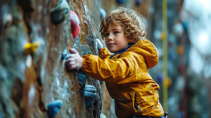 athletic boy in sportswear climbs a climbing wall with belay, sports ground, training, climber, rock relief, healthy lifestyle, active recreation, hobby, energetic person, muscles, height, agility - obrazy, fototapety, plakaty