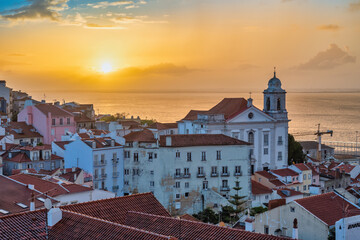 Lisbon Portugal sunrise city skyline at Lisbon Alfama district - obrazy, fototapety, plakaty