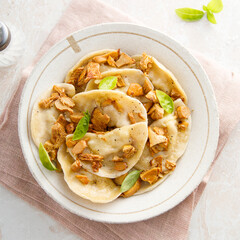 Homemade mushroom ravioli with basil