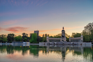 Madrid Spain, sunrise city skyline at El Retiro Park