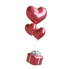 Heart Shaped Balloons with gift box Valentines float on the sky. 3d illustration