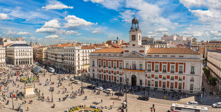 Madrid Spain, high angle view city skyline at Puerta del Sol