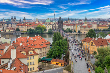 Naklejka na ściany i meble Prague Czech Republic, high angle view city skyline at Charles Bridge and Vltava River, Czechia