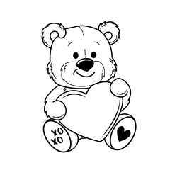 Cute teddy bear in love with big heart. Vector cartoon illustration. Valentine's day card. Coloring book for children