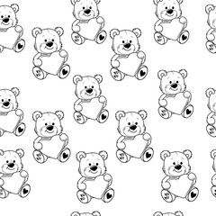 Cute teddy bear in love with big heart seamless pattern. Vector cartoon illustration. Valentine's day card. Coloring book for children