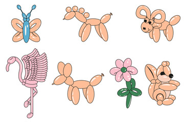 Air Balloon animals set and Bubble sticker. Flamingo dog flower butterfly horse sheep in trendy retro Y2k style. Graffiti Vector illustration EPS 10 Editable stroke