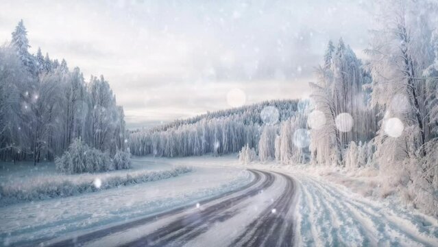 Frozen forest road in winter snow and ice. looping time-lapse 4k footage