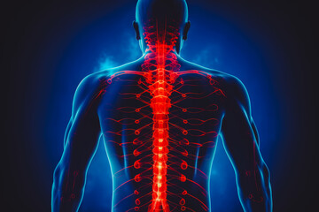 Acute pain in back, colored in red on dark blue background. Showing possible parts of spine where short-term pain can occur.