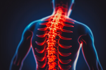 Acute pain in back, colored in red on dark blue background. Showing possible parts of spine where short-term pain can occur.