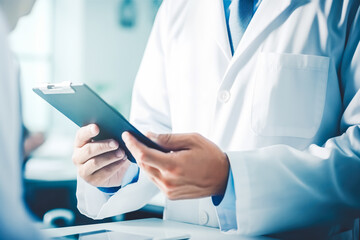 Doctor team online analyze and diagnose patient health in electronic medical record on digital tablet. Medical data networking and innovation technology at hospital and healthcare business.