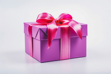 Obraz premium Decorative gift box tied with a large bow. Gift box and bow are both fuchsia colored on a white background.