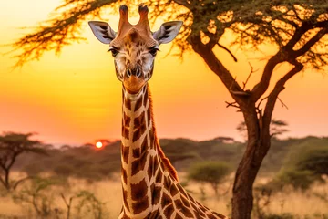 Deurstickers Masai giraffe in Tanzania standing in the sunset. In the environment is visible African flora and natural landscape. © VisualProduction