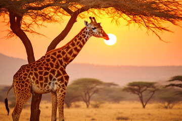 Masai giraffe in Tanzania standing in the sunset. In the environment is visible African flora and natural landscape.