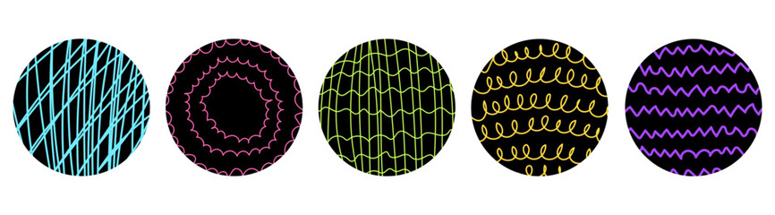 Vector Naive Doodle Patterns.Colored round stickers with hand-drawn pencil textures. Cross hatching