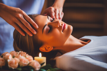 Young woman experiencing professional face massage in the spa center. Enjoying relaxed end serene environment.