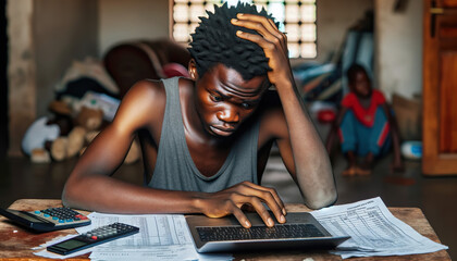 Fototapeta na wymiar A African parent at home tries to calculate the monthly budget and pay out standing bills while facing financial difficulties during a economic downturn.