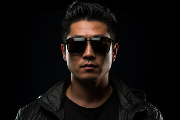 Obraz premium portrait of asian handsom man in sunglassess on colour background 
