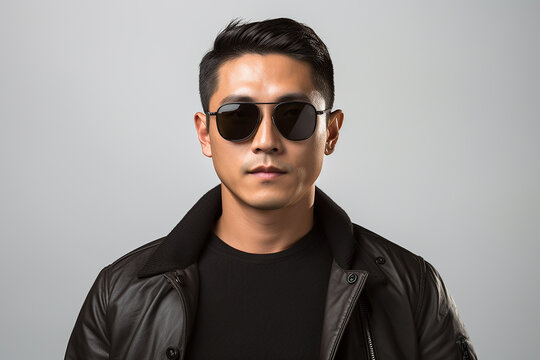 portrait of asian handsom man in sunglassess on colour background 