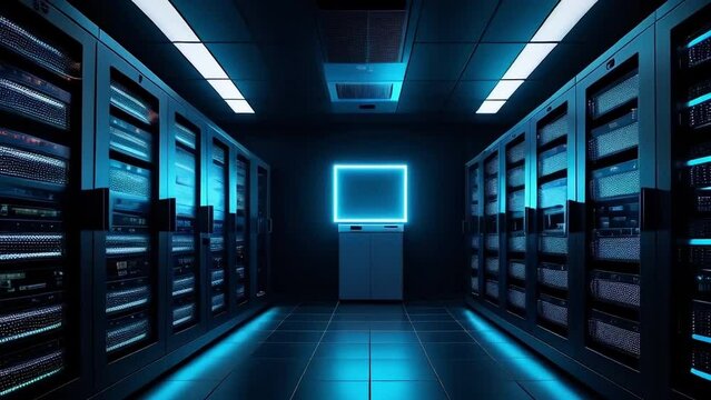 Modern server room background. Network Technology and cloud computing background. AI generated loop.