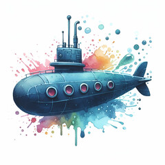 Watercolor submarine under water isolated on white background 