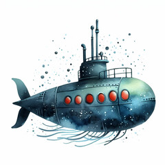 Watercolor submarine under water isolated on white background 