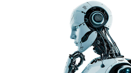 AI robot against a white background, he listens to Music with interest, stock image