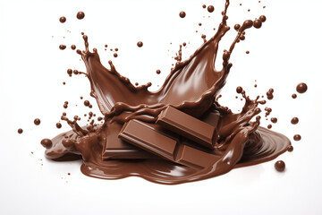 Chocolate bar with splash, white background
