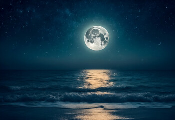 Fototapeta na wymiar Luna Piena Radiante- Un Cielo Stellato si Stende sul Mare nella Notte, Alta Risoluzione