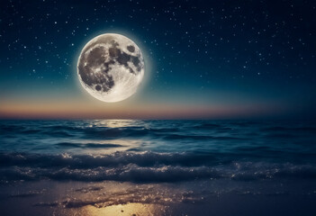 Magia Lunare- Vista Notturna con Luna Piena in un Cielo Stellato sopra il Mare, Alta Risoluzione - obrazy, fototapety, plakaty