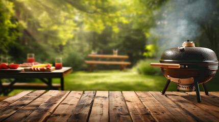 BBq grill in the back yard background with empty wooden table - obrazy, fototapety, plakaty