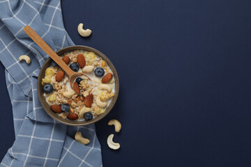 Muesli with yogurt, concept of tasty breakfast