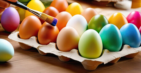 Banner, Easter concept. Multi-colored Easter eggs in a tray close-up. A woman's hand with a brush paints eggs for the holiday.