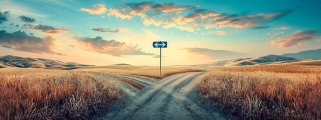 A symbolic scene at a rural crossroads, where two diverging dirt paths split under a directional sign against a backdrop of rolling golden hills and a captivating sky at sunset - obrazy, fototapety, plakaty