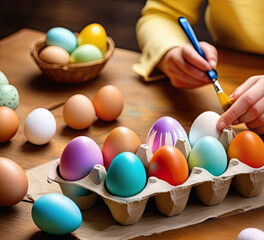 Banner, Easter concept. Multi-colored Easter eggs in a tray close-up. A woman's hand with a brush paints eggs for the holiday.