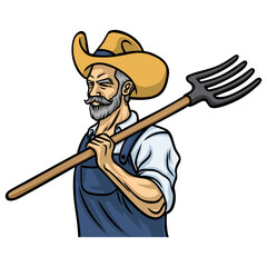 Farmer with Cowboy Hat Character Design Holding Fork Mascot Vector Illustration - obrazy, fototapety, plakaty