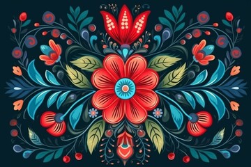 Fototapeta na wymiar Ethnic Ukrainian floral ornament with a red flower and blue green leaves painted. Generative AI
