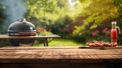 Foto op Plexiglas BBq grill in the back yard background with empty wooden table © john