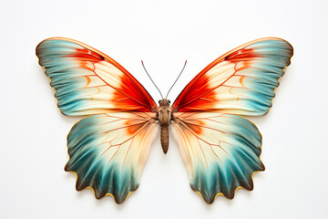 Beautiful colorful bright multicolored tropical butterflies with wings spread in flight isolated on white background, close-up macro.
