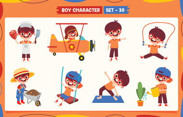 Cartoon Boy Doing Various Activities