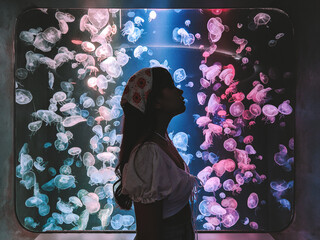 Young woman looking at jellyfish in aquarium