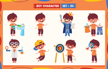 Cartoon Boy Doing Various Activities