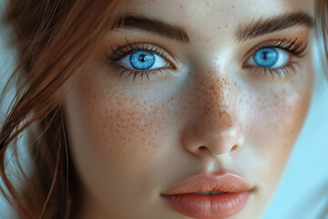 Obraz premium A woman with freckles and blue eyes is facing one direction, close up