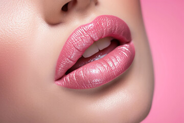 Beautiful young woman's lips closeup, pastel pink color. Glance Fashion art, art design