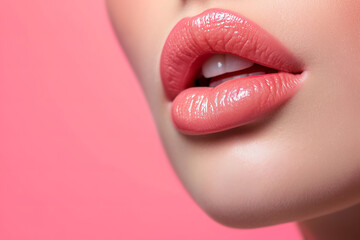 Beautiful young woman's lips closeup, pastel pink color. Glance Fashion art, art design